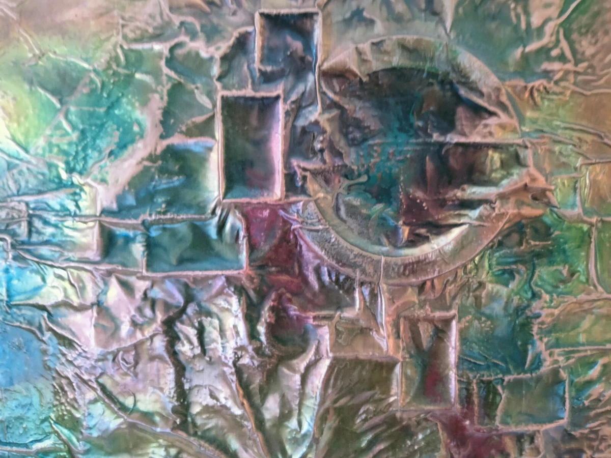 LARGE VINTAGE SIGNED BRUTALIST COPPER/ENAMEL ABSTRACT WALL SCULPTURE mid-century