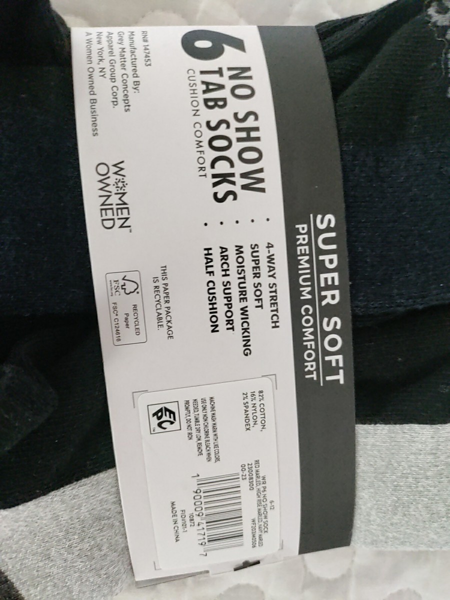 Wrangler 6 Pair No Show Tab Socks Wicking Arch Support Size 6-12