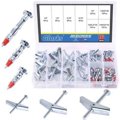 76Pcs Toggle Bolt and Hollow Wall Drive Anchors Kit, 1/8'' 3/16'' 1/4'' Round He...