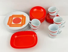 Vintage Texas Ware 70s Mod Orange Geometric Melamine Dinnerware Plates Cups Bowl