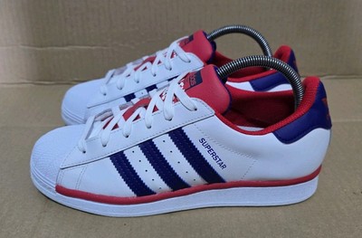 adidas superstar white red and blue stripe trainers