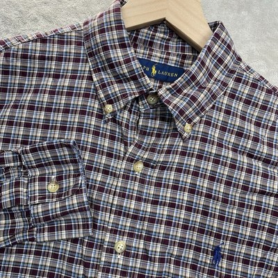 Ralph Lauren Shirt Plaid Button Down Men's M Tan Burgundy Blue