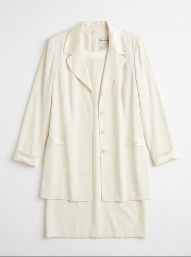 St. John Collection Marie Gray Cream Knit Blazer & Dress 2PC Suit Set