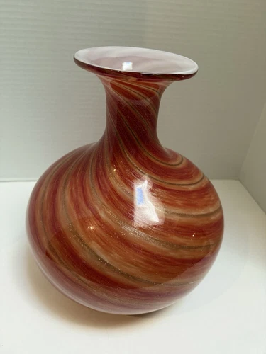 MID CENTURY MURANO HAND BLOWN VASE 12” ART GLASS SWIRLED & GLITTERED MULTI COLOR