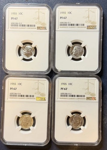 1955 Roosevelt Dime 10¢ NGC PF 67.  Four (4) Sets!  Dealer Special.  Free ship