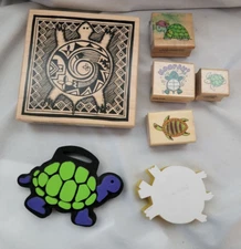 Vintage Variety of Brands- Wooden Mounted Rubber and Foam Stamp Set-Turtles