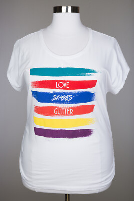 LANE BRYANT WHITE LOVE SHOES GLITTER GRAPHIC SHORT SLEEVE TEE TOP PLUS 18/20