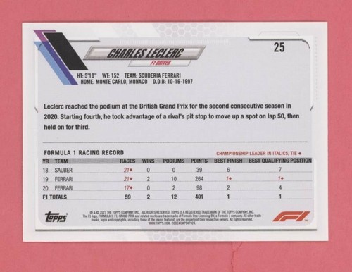 Charles Leclerc 2021 Topps Formula One F1 Card #25 Ferrari (Base) - Bild 2 von 2