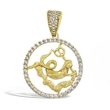 14k Yellow Gold Aquarius Pendant Zodiac Star Sign CZ Charm 1.5 inch