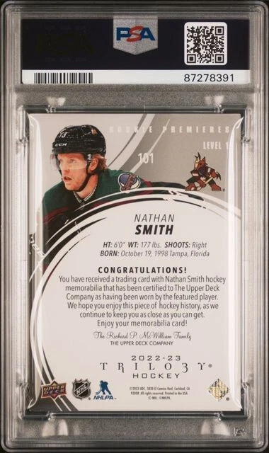 2022 UD Trilogy Nathan Smith Black Foil Memorabilia ROOKIE RC #'d/499 PSA 9 MINT - Image 2 of 2