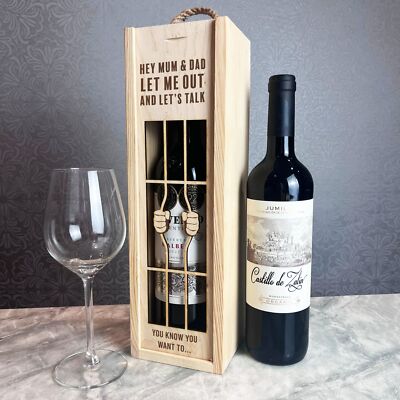 Mama & Papa Let Me Out Lets Talk Gefängnis Bars Holz Einzelflasche Wein Geschenkbox