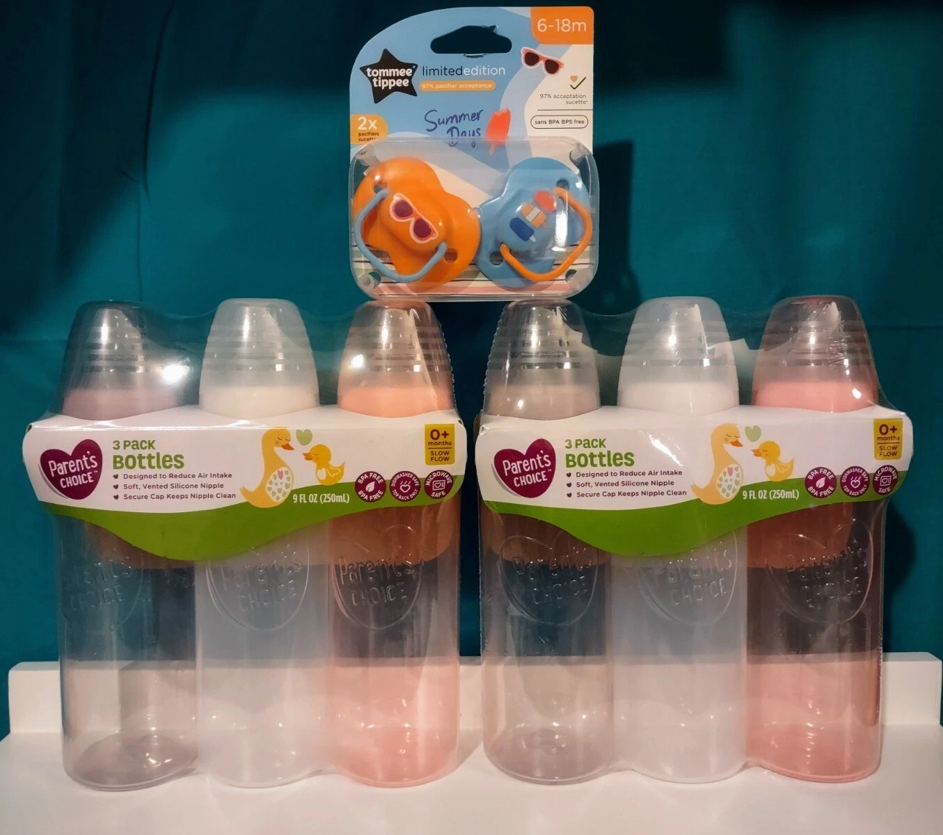 Parents Choice 6 Slow Flow 9oz Bottles & 2 Tommee Tippee Ltd Pacifiers(6-18m)
