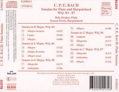 BELA DRAHOS C.P.E. BACH: SONATAS FOR FLUTE AND HARPSICHORD, WQ . 83-87 NEW CD