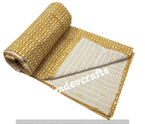 Indian Handmade Vintage Block Print Bohemian Hippie Bedspread Kantha Quilt Throw - Picture 2 of 6