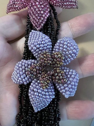 Black Glass Seeds Beads Lariat Purple Pink Beaded Flowers Fringe Necklace - Picture 3 of 13