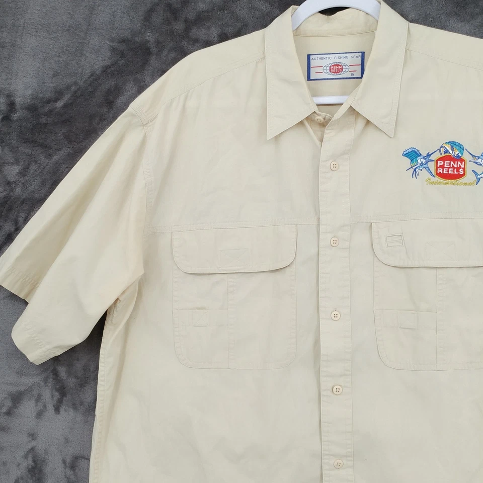 Camisa de pesca Penn Reels beige algodón para hombre XL abotonada manga corta bordada Foto 3 de 4