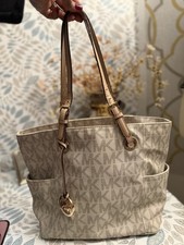 Michael Kors MK Jet Set Travel Tote MK Monogrammed Handbag 15”x11”x6” Leather