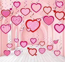 54 Pcs Valentine  s Day Hanging Decorations Pink Red Hearts Hanging Swirls