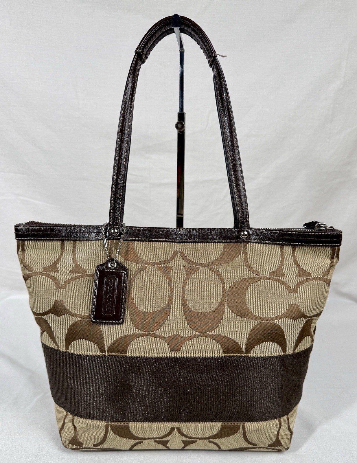 Coach Khaki Brown Signature Stripe Tote Shoulder Purse F13548