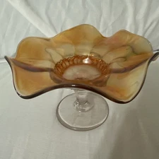 Carnival Ruffled Glass Marigold Coin Dot Fluted Pedestal Bowl Compote Vintage