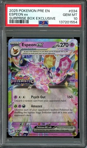 Pokemon TCG Prismatic Evolutions Surprise Box #034 Espeon ex PSA 10 Stamped