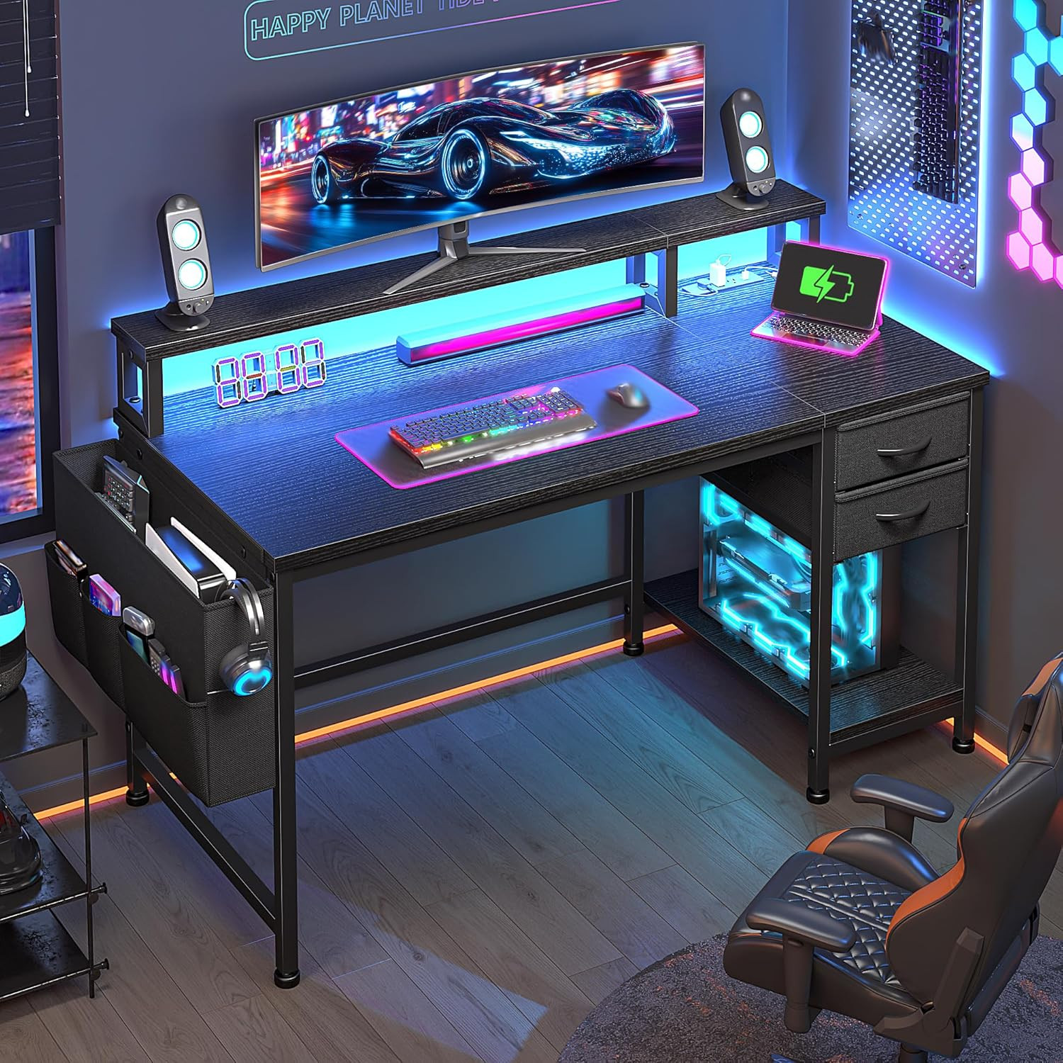 40" Gaming Desk with Drawers&Storage Bag, Computer Desk with Power Outlets and L