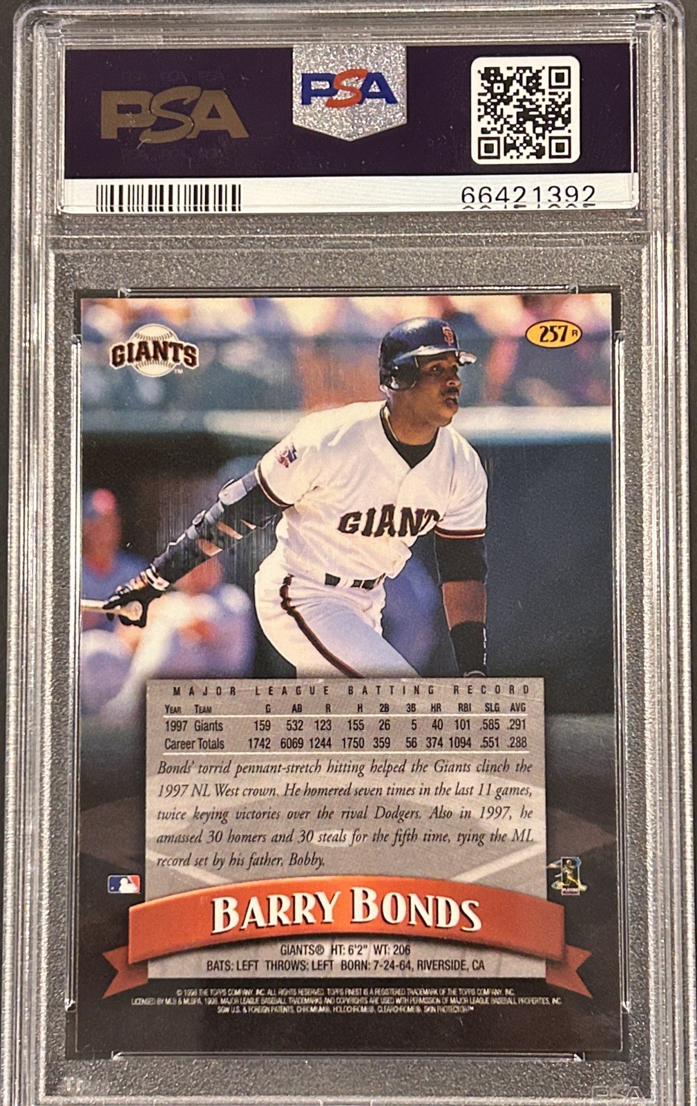 1998 Topps Finest BARRY BONDS REFRACTOR GIANTS PSA 10 view 2