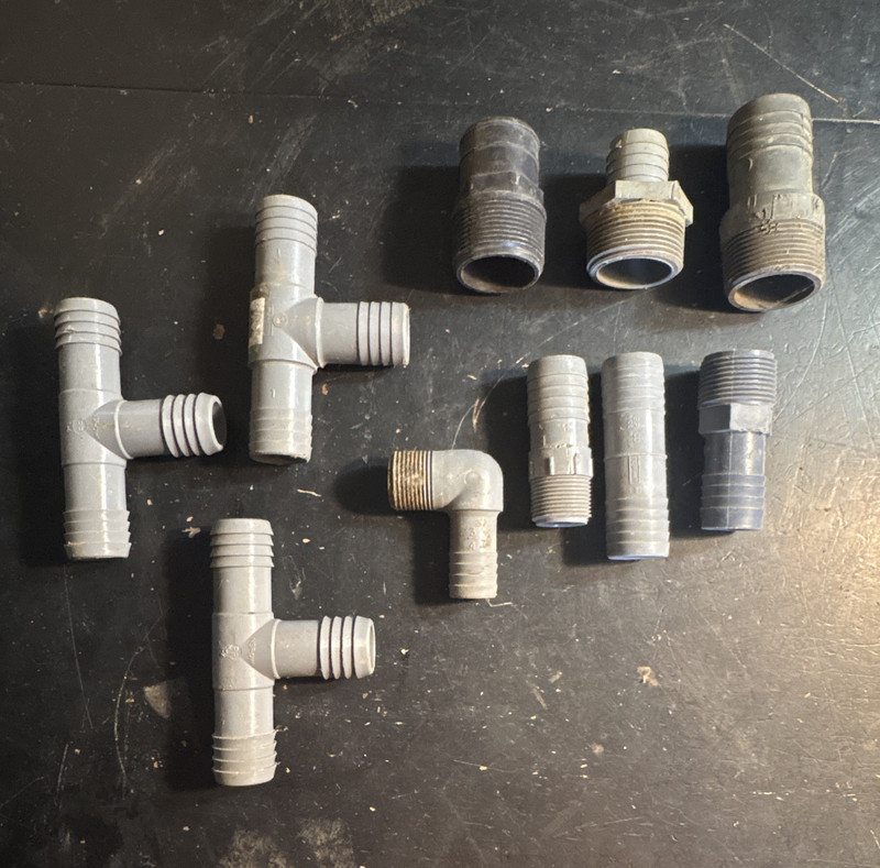 Plastic barbed Water Insert Fittings mostly 1” , couple larger (10) new