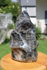 Black Moonstone Flame, Flashy Black Moonstone w. Rainbows Carving Gemstone