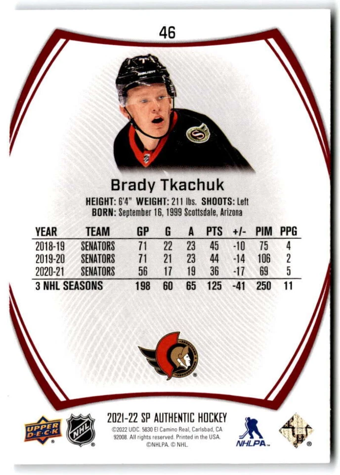 2021-22 SP Authentic Limited Red #46 Brady Tkachuk  Ottawa Senators - Image 2 of 2