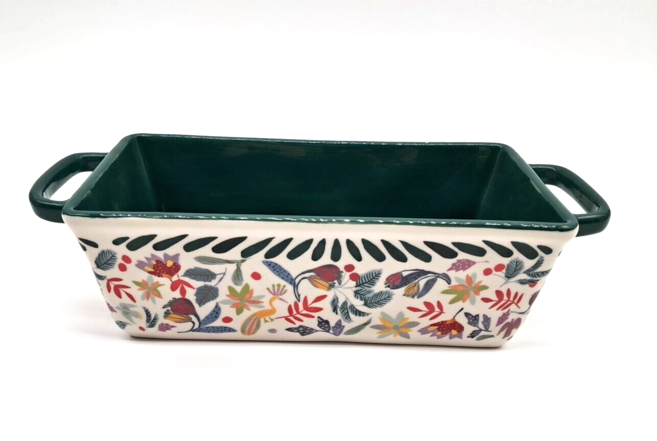 Anthropologie stoneware Loaf Pan Aleena peacock leaves floral green