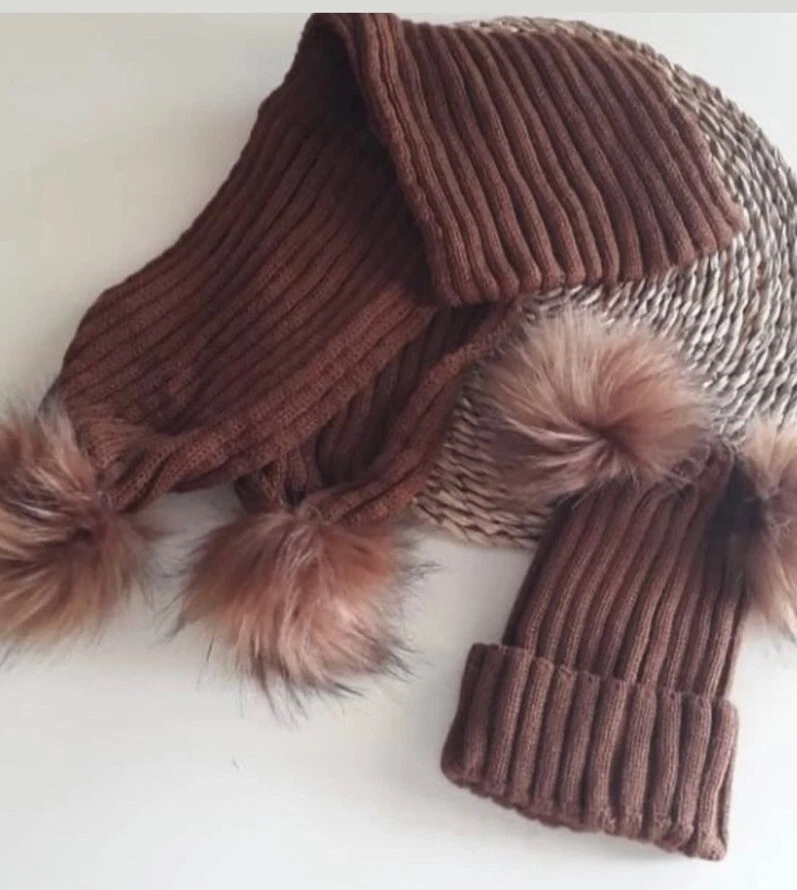 Kids Brown Double Soft Pom Pom Hat And Scarf Fur