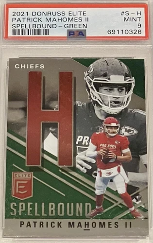 2021 Donruss Elite Football Spellbound Patrick Mahomes GREEN 1st “H” PSA 9