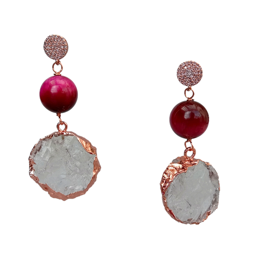 Fuchsia Tiger Eye Clear Quartz Rough Raw Coin Shape Dangle Stud Earrings - Picture 4 of 6