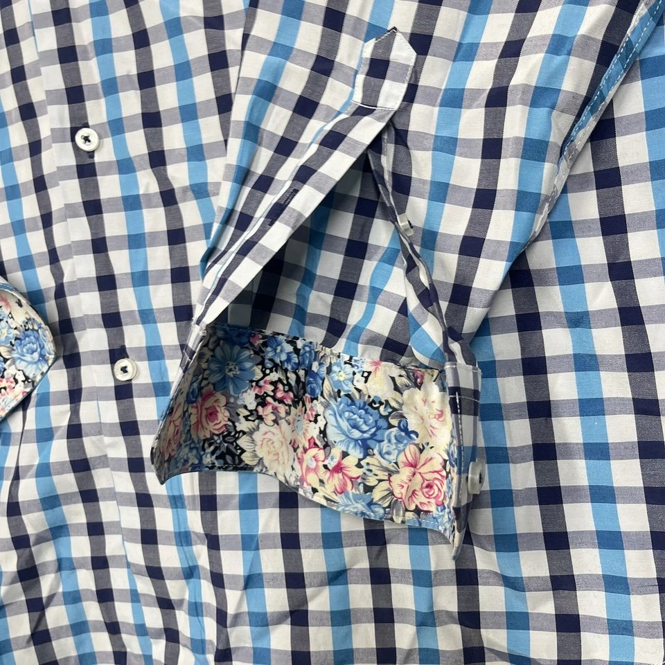Coogi Shirt Mens XL Blue Black Flip Cuff Plaid Check Floral Button Up Colorful - Image 3 of 4