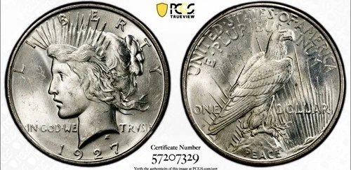 1927 D PEACE SILVER DOLLAR PCGS MS63 GOLD SHIELD LABEL