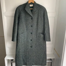 Vintage Herringbone Wool Tweed Raglan Overcoat Womens UK 12 Green Made in UK