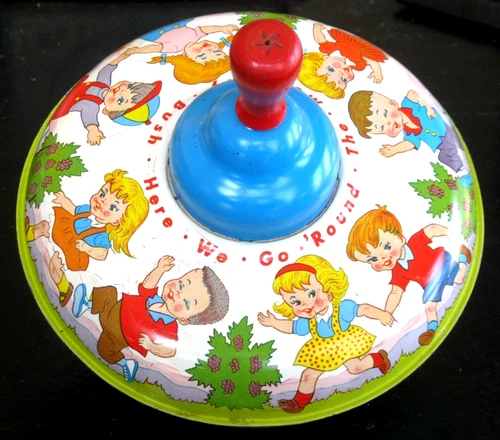 Vintage Ohio Art Metal Spinning Top "Here We Go Round The Mulberry Bush" WORKS!!