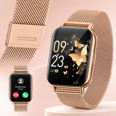 Smartwatch Damen mit Bluetooth Anruffunktion, Fitness Uhr, iOS & Android - Gold
