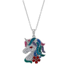 Finecraft Multi-Color Crystal Unicorn Necklace in Sterling Silver, 16" + 2"