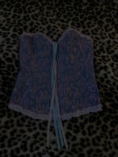 Women s Strapless Floral Bustier Corset, Blue/Pink Boned Lace-Up Back