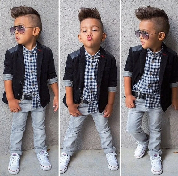 3PCS Baby Boys Dress Suit Coat/Plaids Shirt/Denim Pants Set Kids Clothes  Outfits