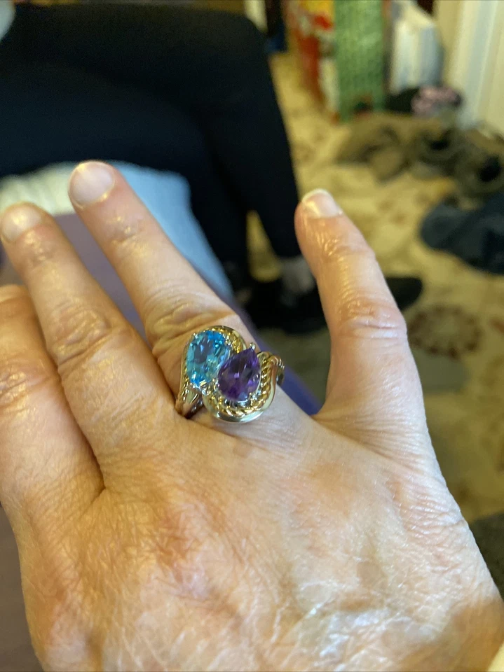 Anillo Victoria Wieck en forma de pera aguamarina y amatista en plata de ley. Talla 6 Foto 4 de 4