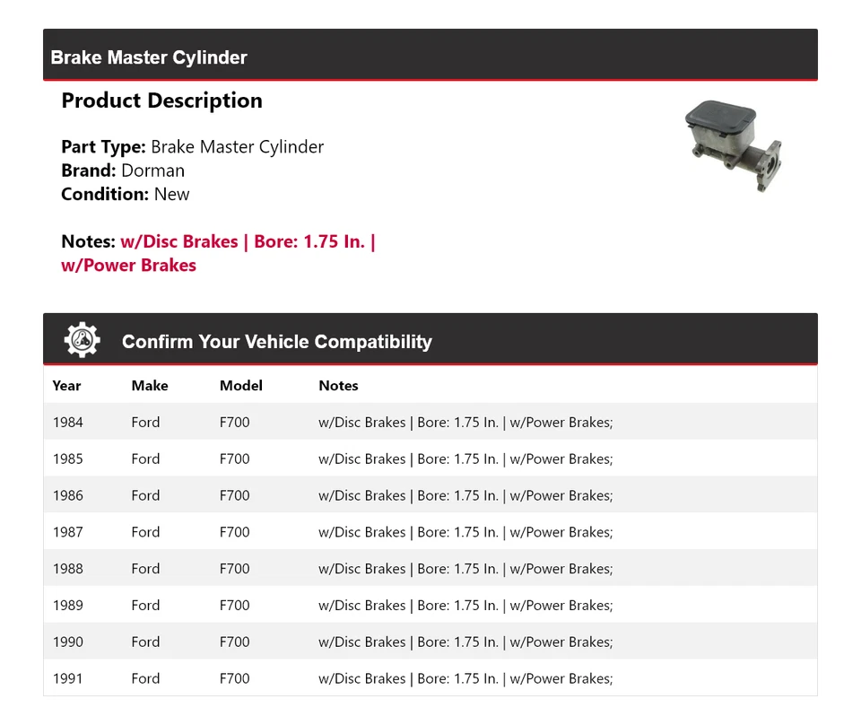 For 1984-1991 Ford F700 Dorman Brake Master Cylinder 1985 1986 1987 1988 1989 - Image 2 of 4