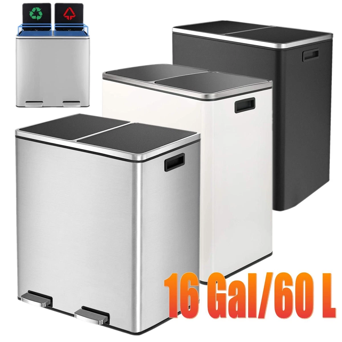 60L Dual Compartment Trash Can Rectangular Kitchen Garbage Bin Stainless Steel