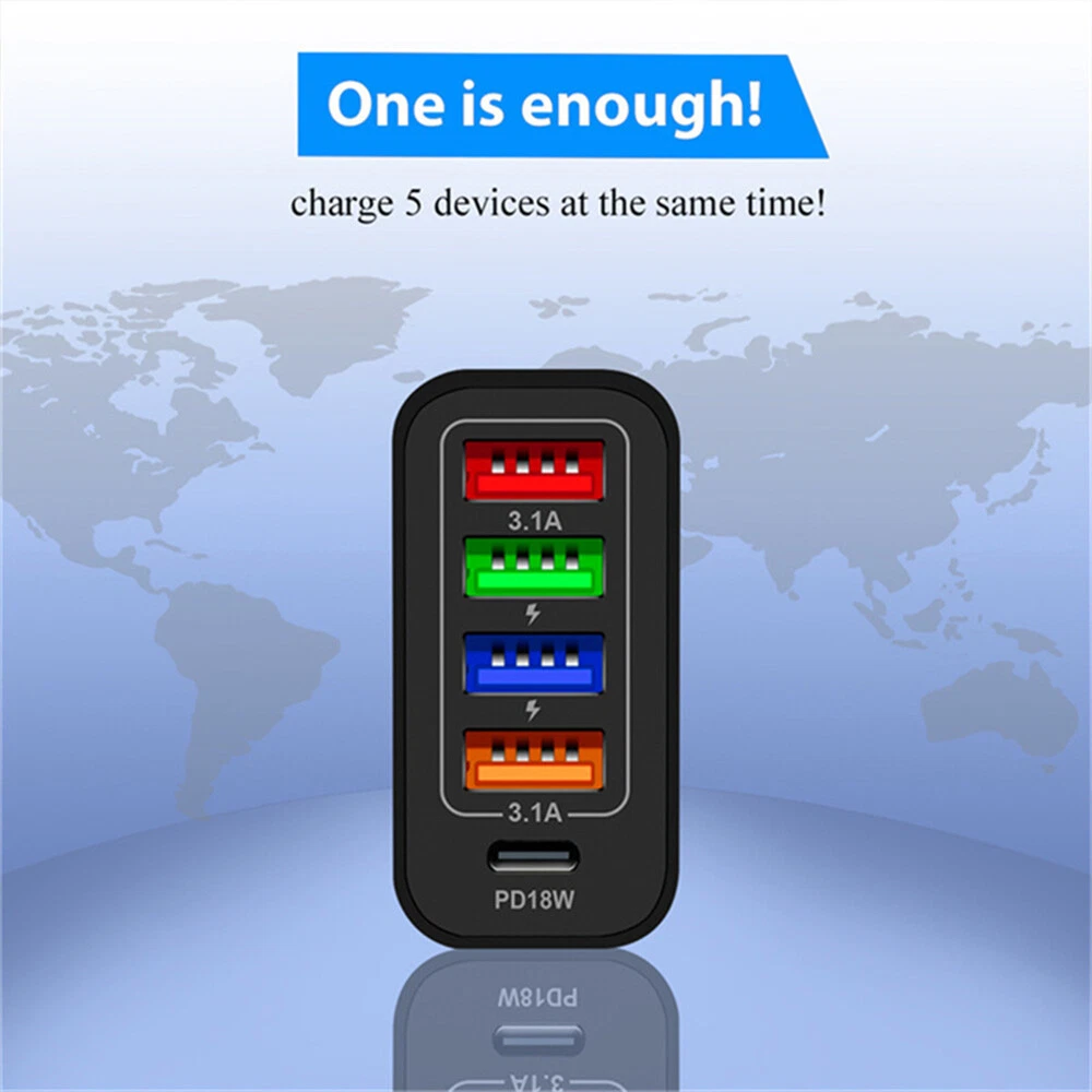 5 Multi Port USB Hub Charger Station Wall Fast Charger PD Power Adapter US Plug