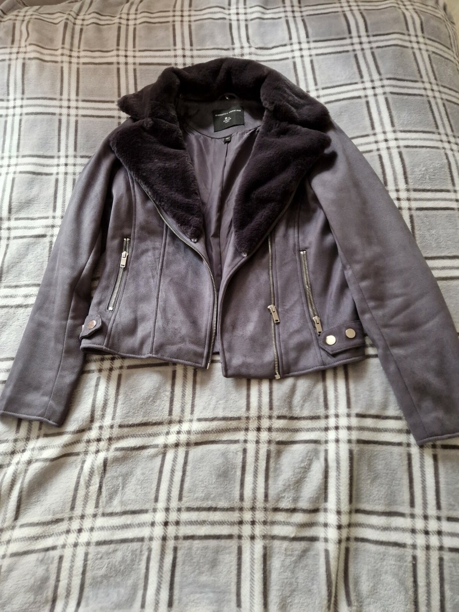 Dorothy Perkins Grey Faux Suede Biker Jacket with removable fur