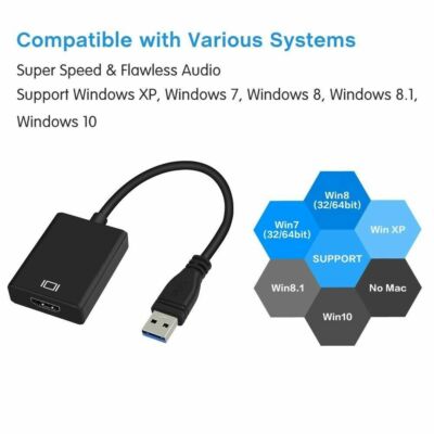 TNSLAND Adaptateur USB Vers HDMI, USB 3.0/2.0 Vers HDMI Full HD 1080p Vidéo Audio Multi Moniteur Convertisseur Adaptateur Pour PC HDTV Projecteur Compatible Avec Mac OS/Windows XP/7/8/Vista/10/11