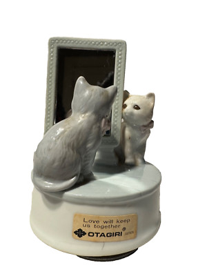 Vintage Otagiri Kitten Looking in Mirror Music Box Plays LoveWillKeepUsTogether
