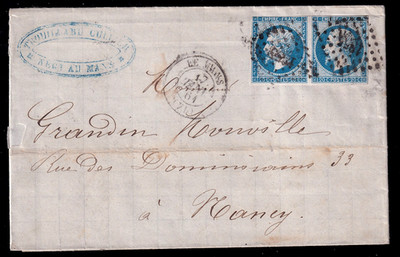 Frankreich 13 II, 20 C. Napoleon-waagerechtes Paar, Brief ab Le Mans 17.1.61